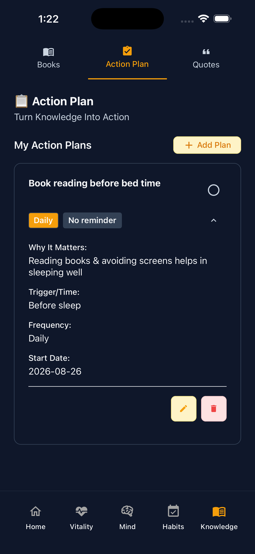 Action plans list in LifeMaxing