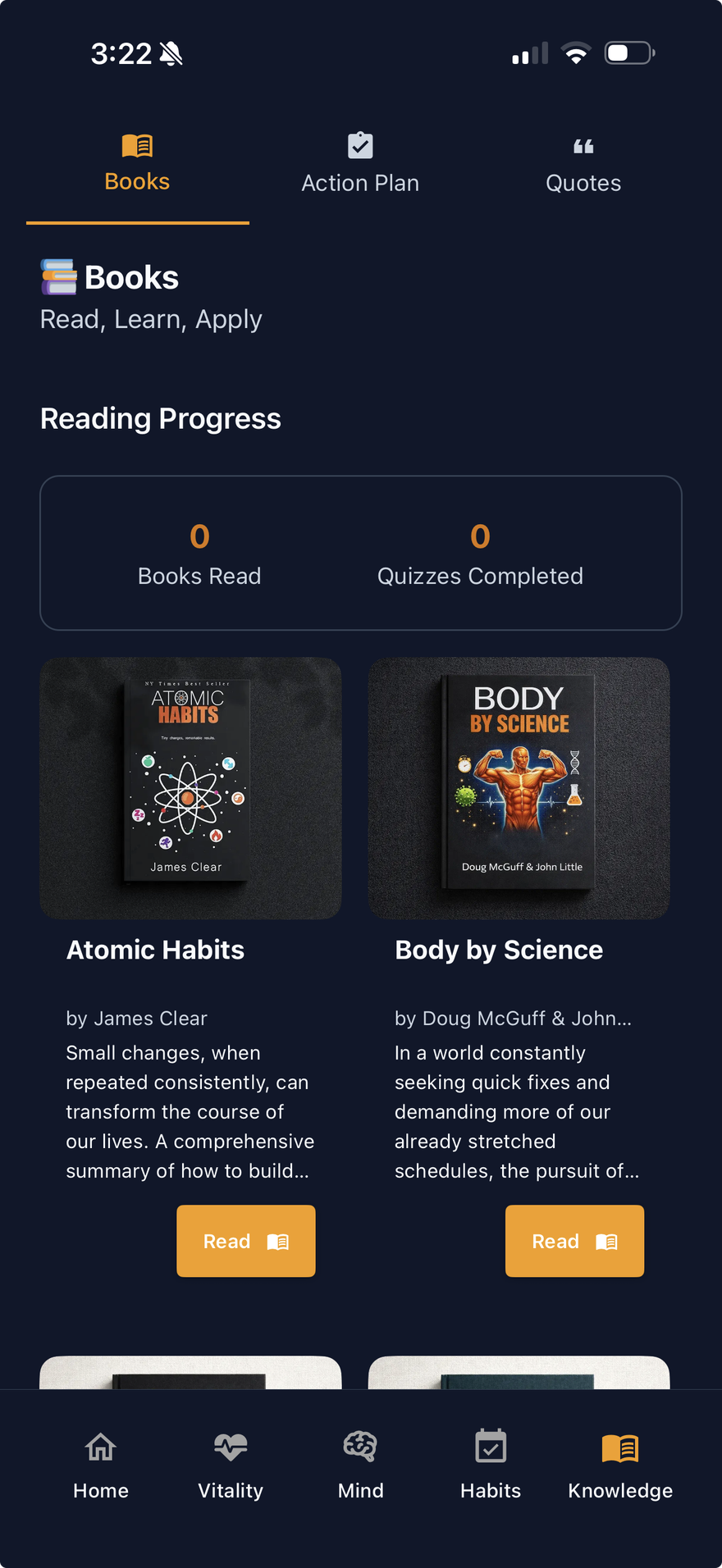Book summaries, quizzes, and levels in LifeMaxing Knowledge
