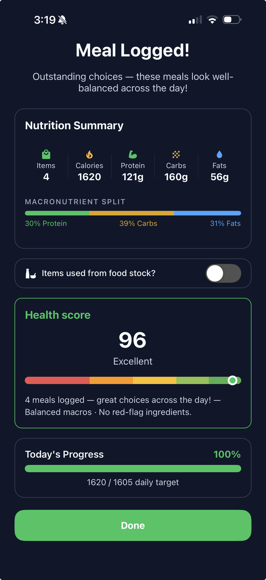 Meal logged with macros and health score in LifeMaxing