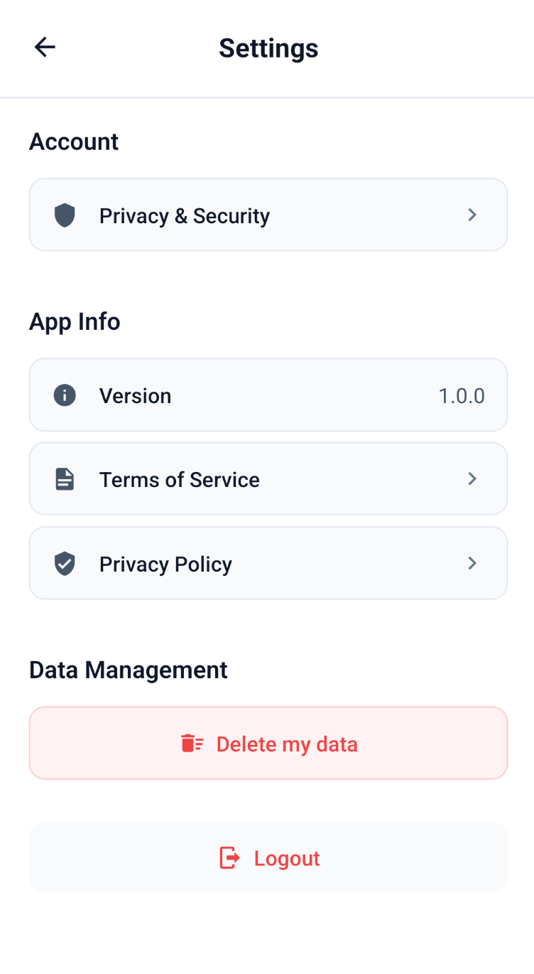 Delete my data button in app settings