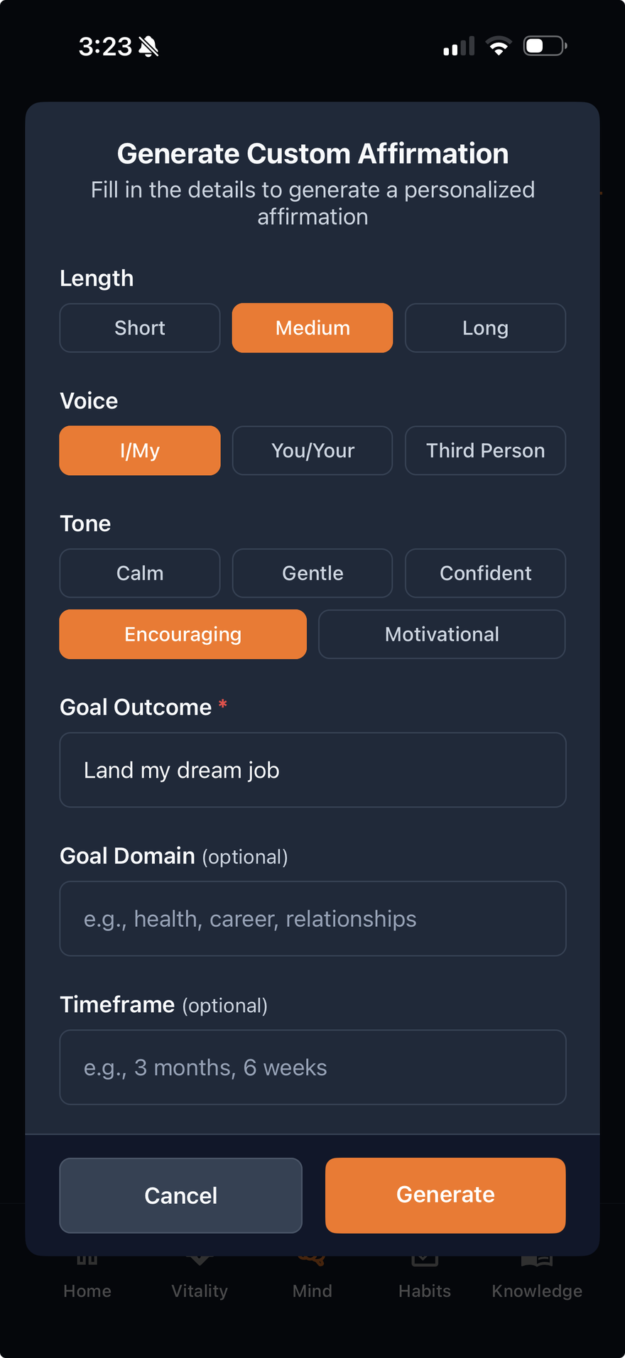 Generate a custom affirmation in LifeMaxing