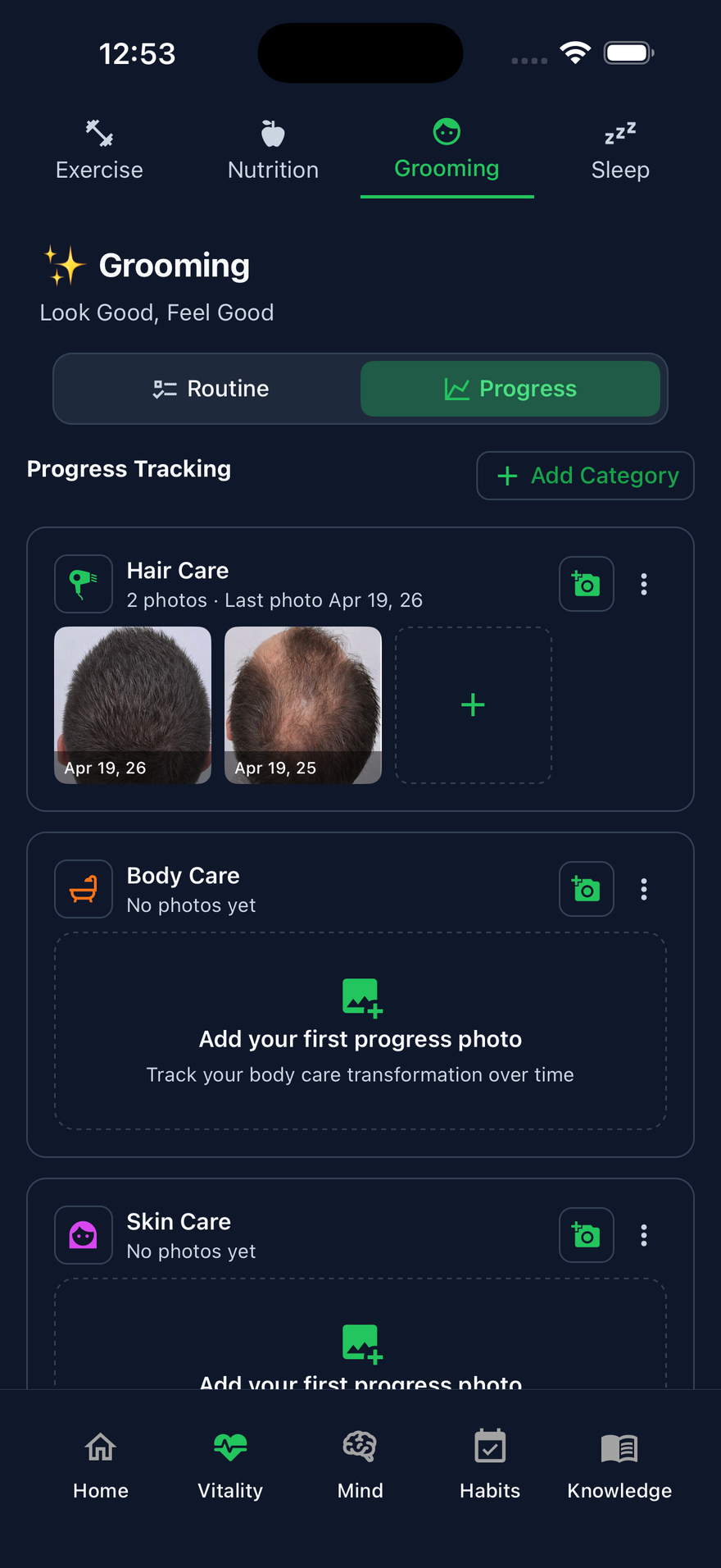 Grooming progress photos for hair, body, and skin in LifeMaxing