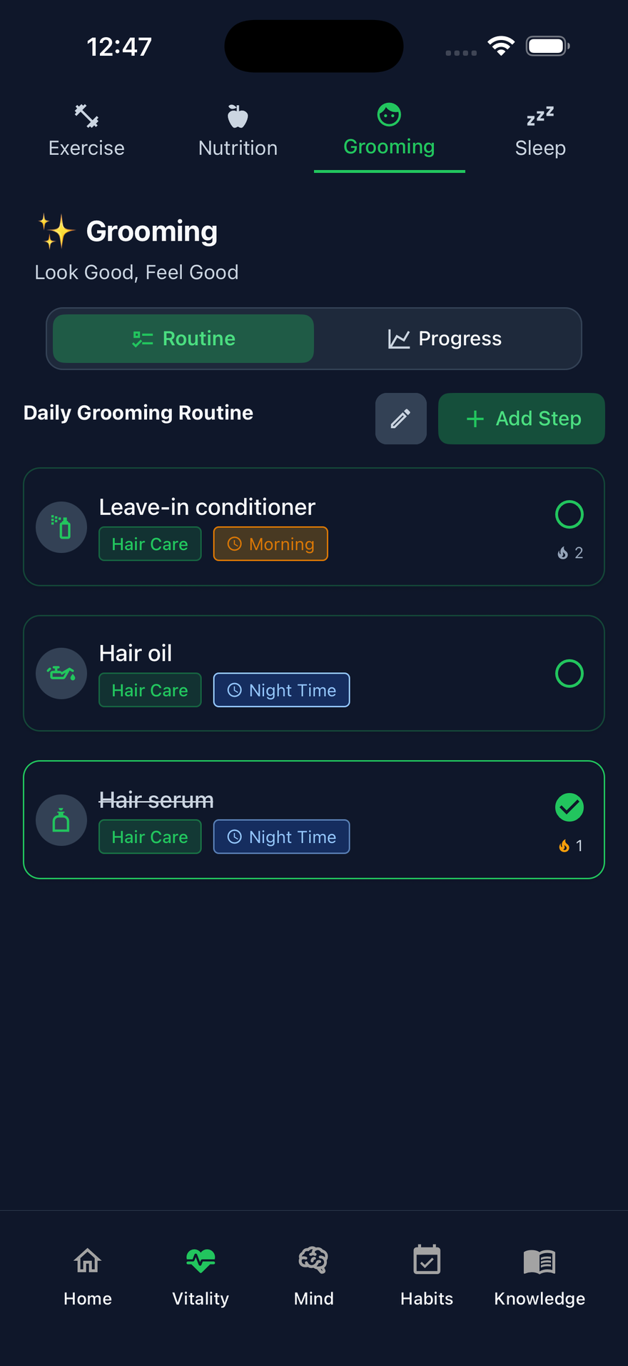 Daily grooming routine with hair, skin, and body steps in LifeMaxing