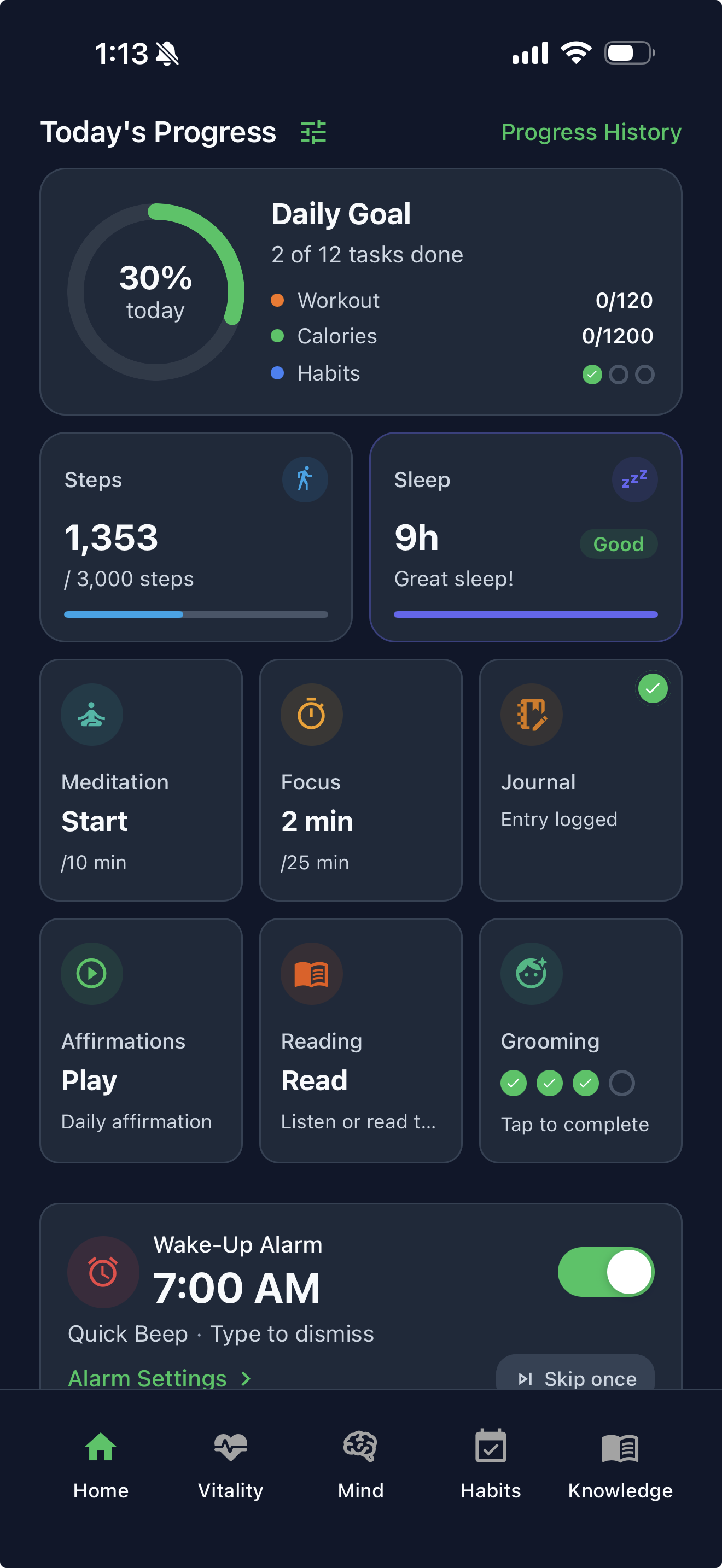 LifeMaxing daily dashboard showing workouts, habits, sleep, and focus tracking