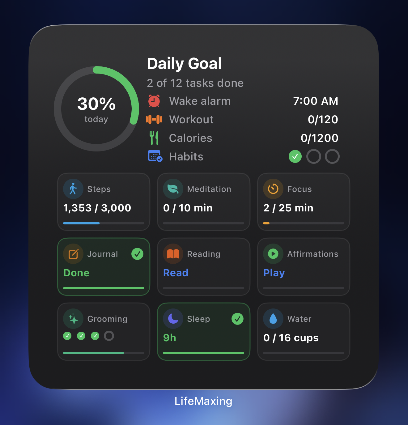 LifeMaxing home screen widget showing daily progress