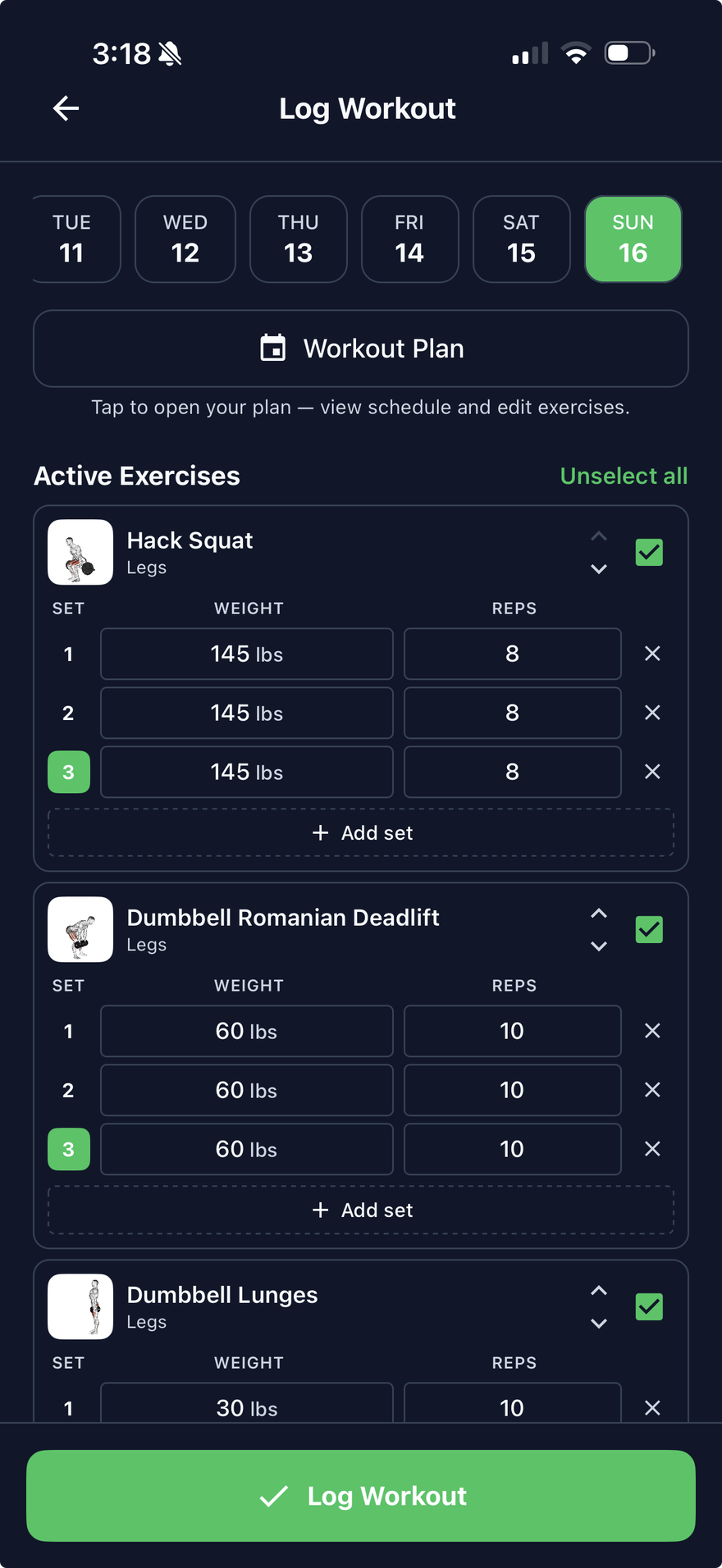 Log a workout with sets and reps in LifeMaxing