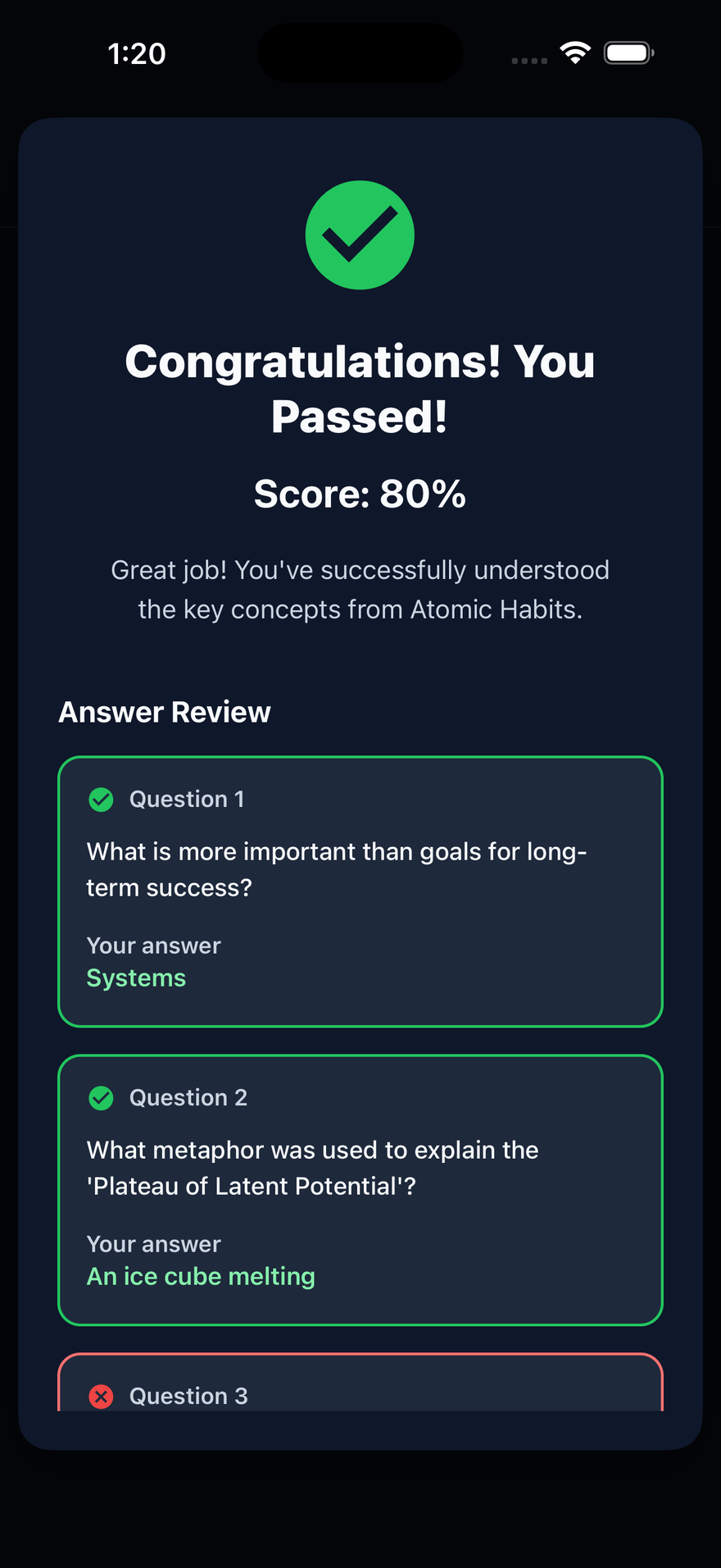 Completed quiz result in LifeMaxing
