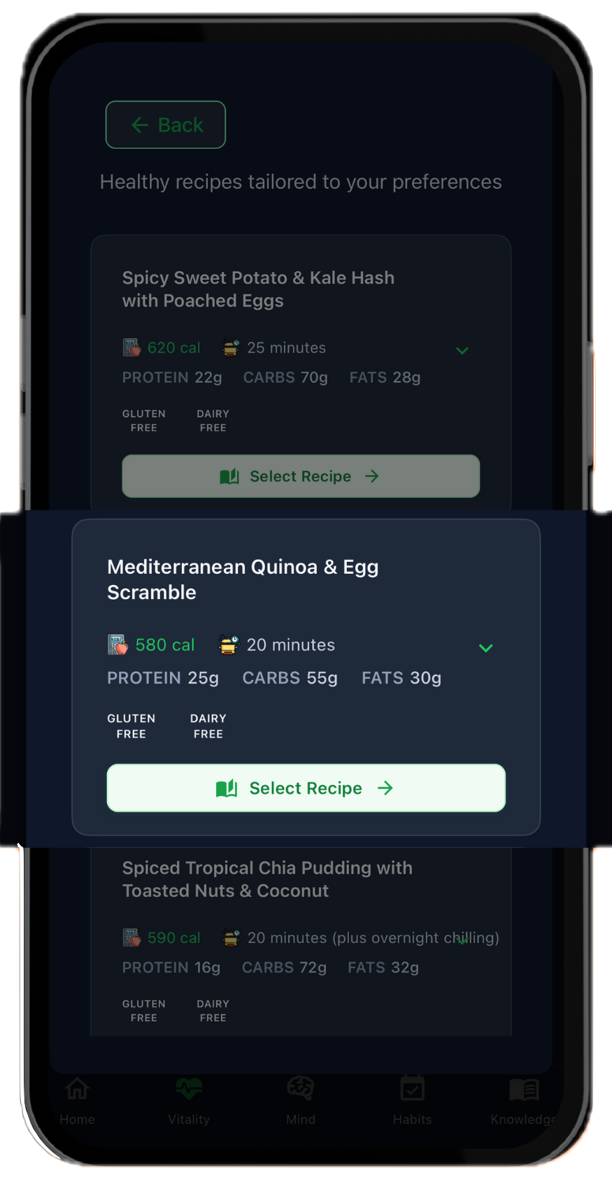 Recipe ideas matched to a diet plan in LifeMaxing