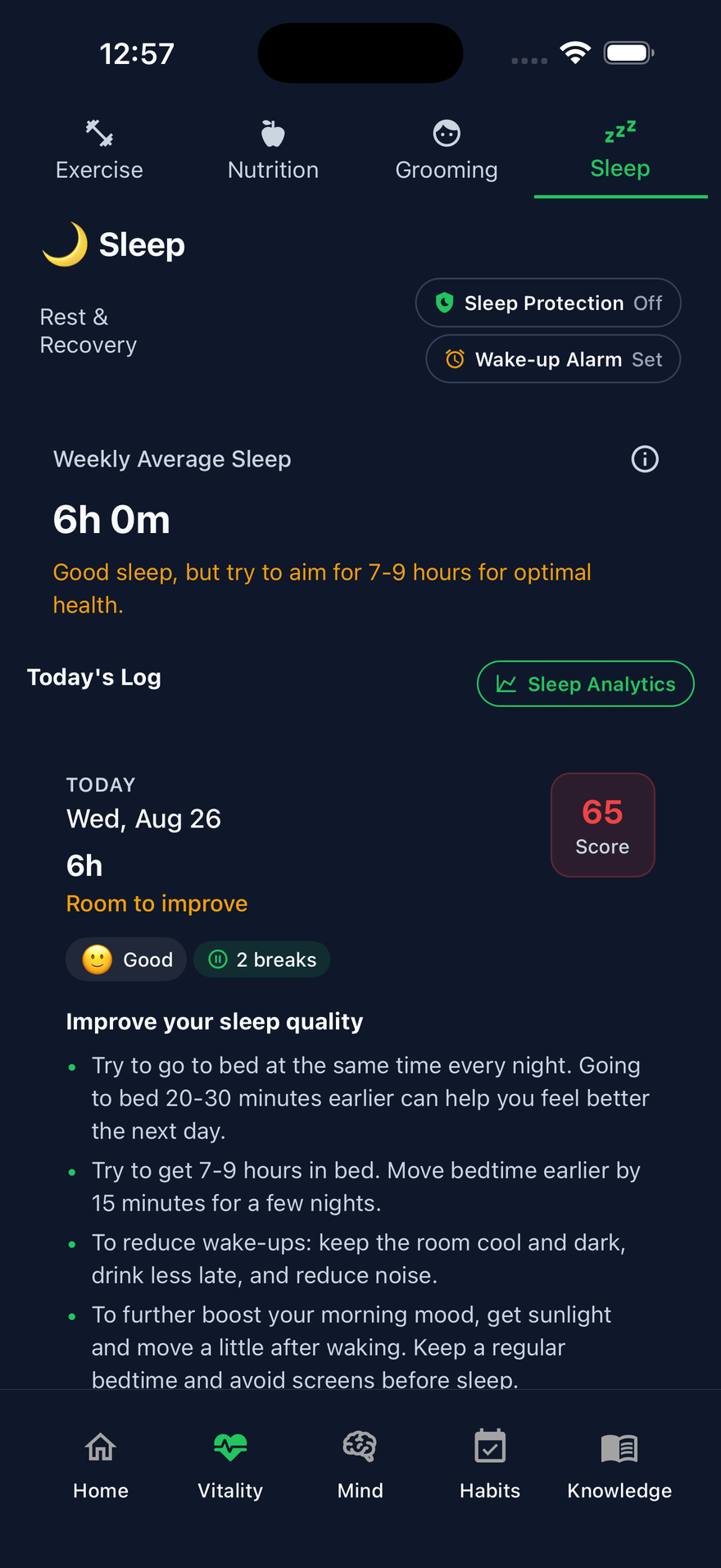 Sleep tracking and sleep score in LifeMaxing