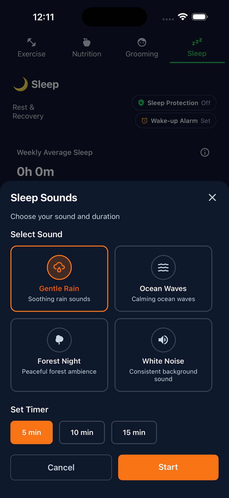 Sleep sounds picker with rain, ocean, forest, and white noise in LifeMaxing