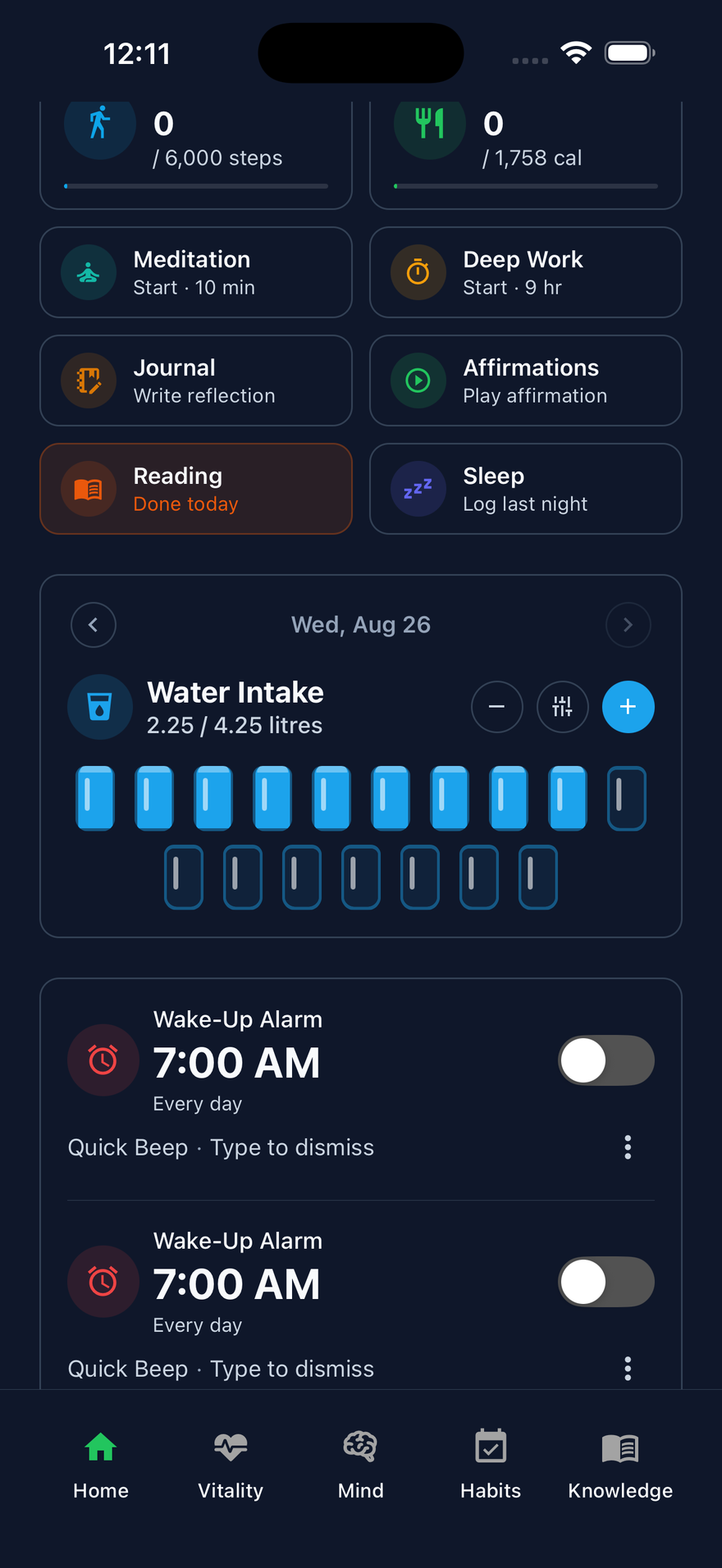 Water intake tracker on the LifeMaxing home screen